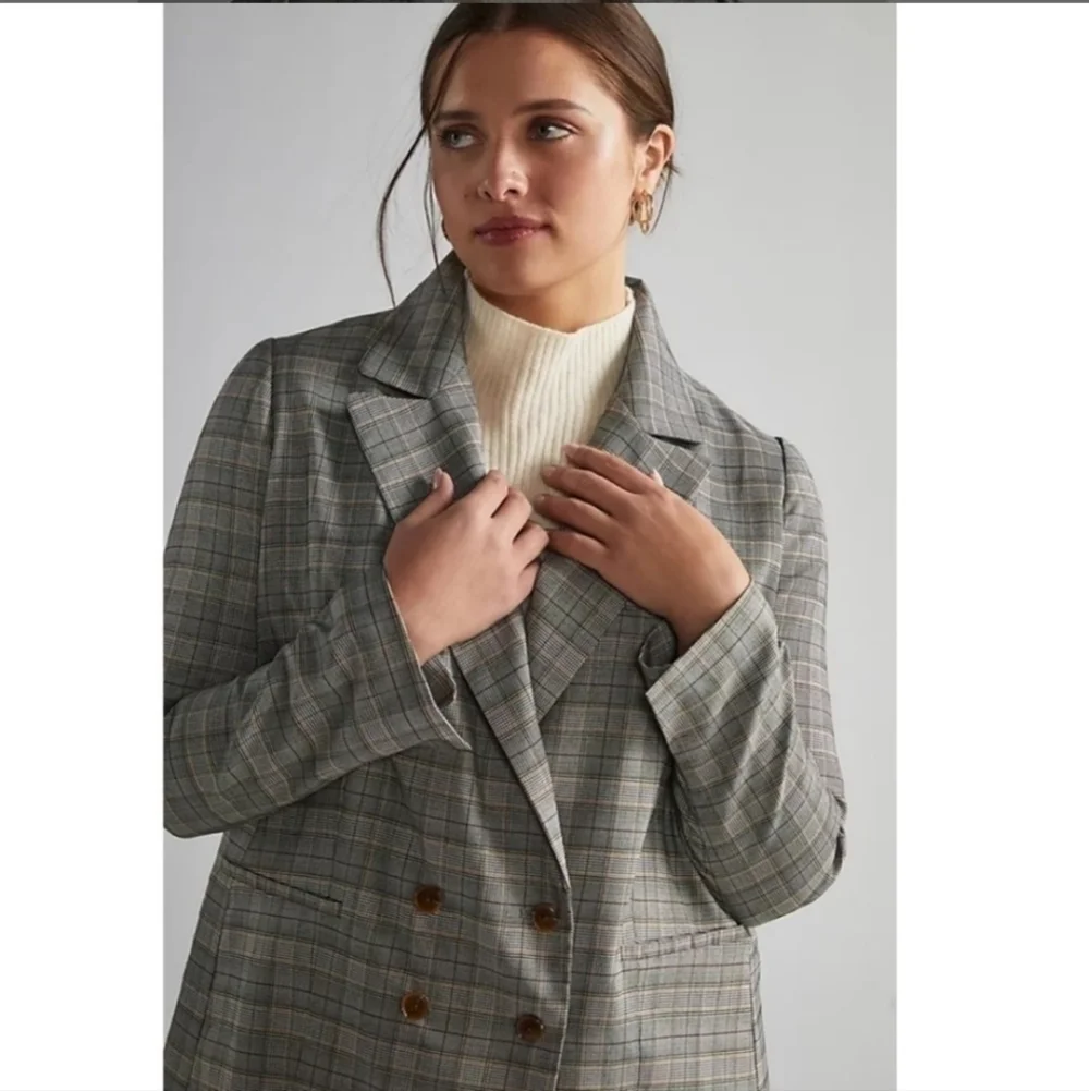 New Anthropologie Hutch Classic Longline Double Breasted Plaid Maize Blazer Sz M